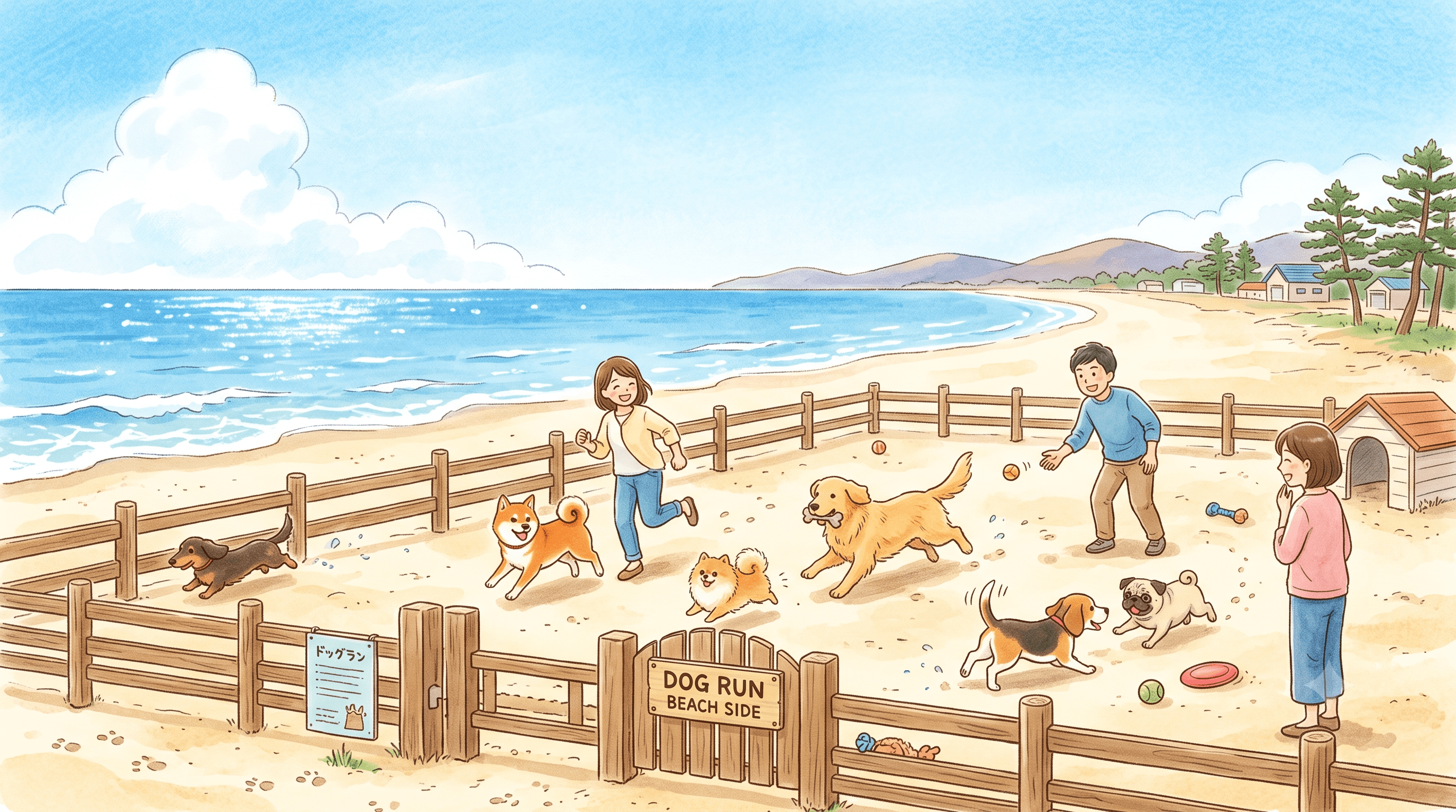 山陰の海辺のドッグランで犬たちが遊ぶイラスト
