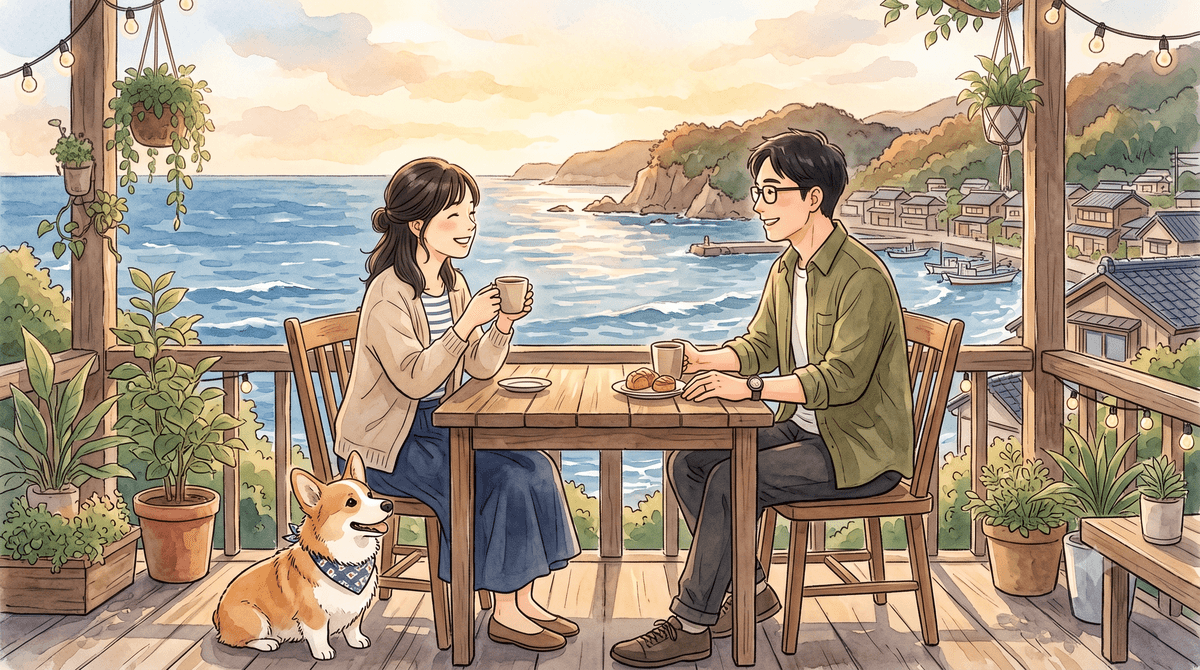 山陰の海辺のドッグランで犬たちが遊ぶイラスト
