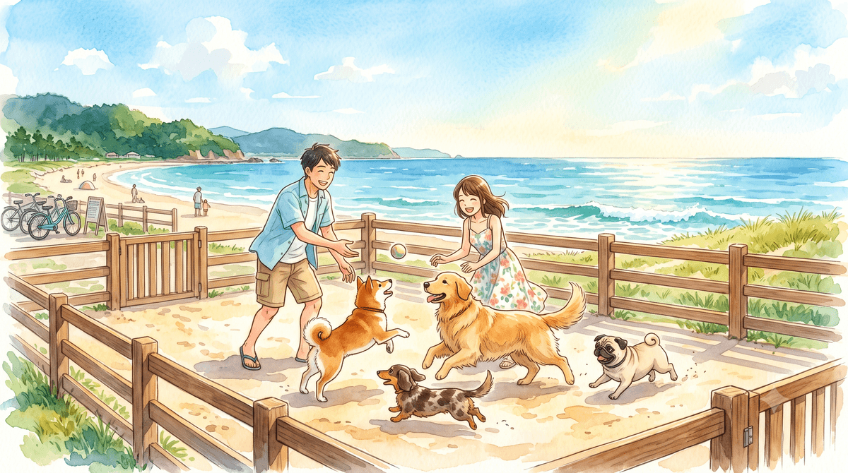 山陰の海辺のドッグランで犬たちが遊ぶイラスト