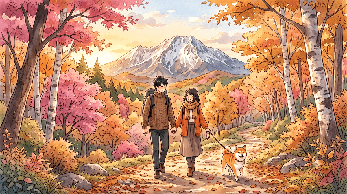 山陰の海辺のドッグランで犬たちが遊ぶイラスト