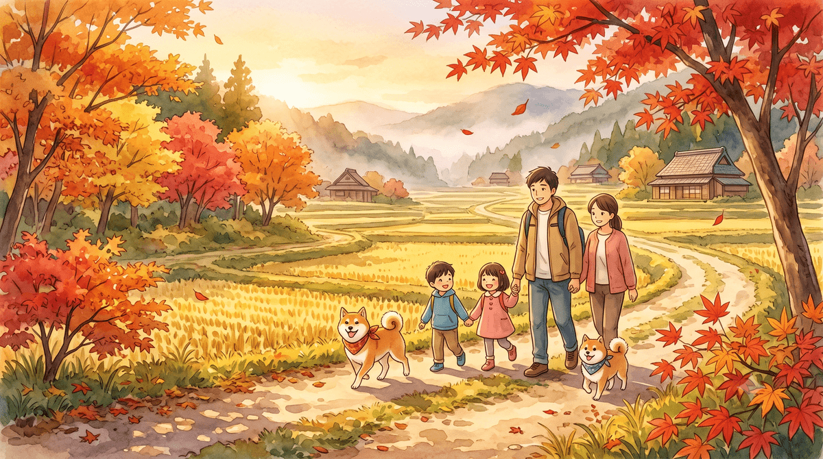 山陰の海辺のドッグランで犬たちが遊ぶイラスト